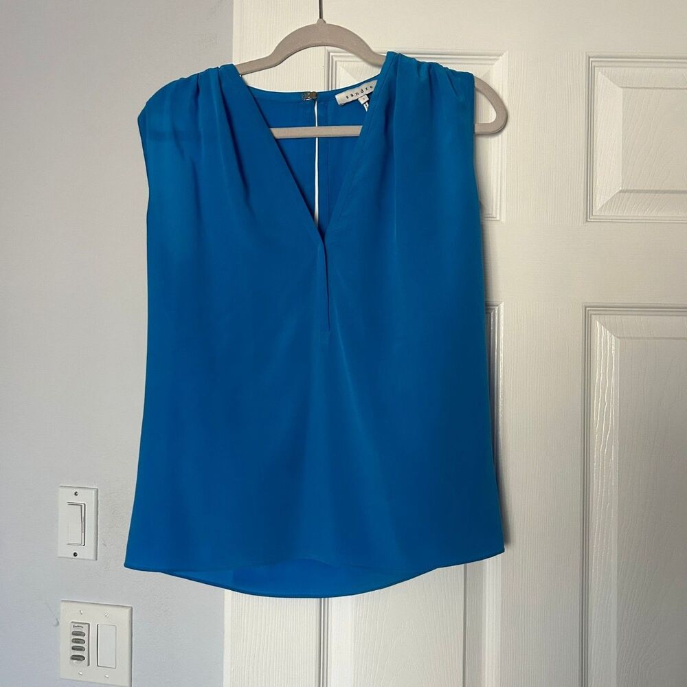 Sandro  Womens Top Blouse Blue Silk V-Neck Sleeveless M